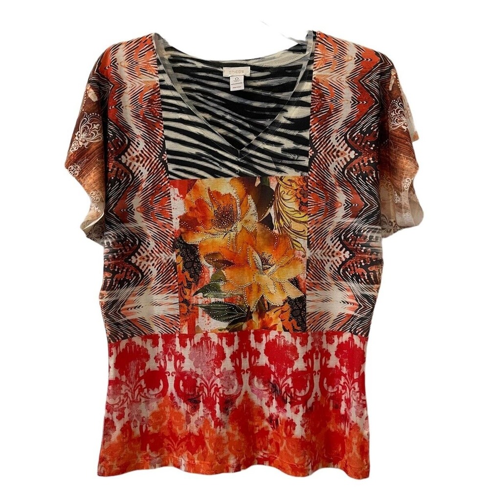 Chicos Print Knit Top Size 0 (XS/4)Cap Sleeves Embellished Fun Colors